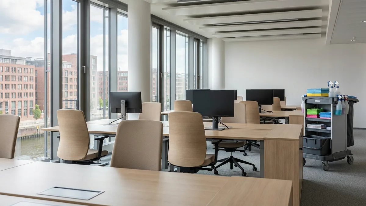 Gepflegtes modernes Büro mit natürlichem Tageslicht für professionelle Büroreinigung Hamburg.