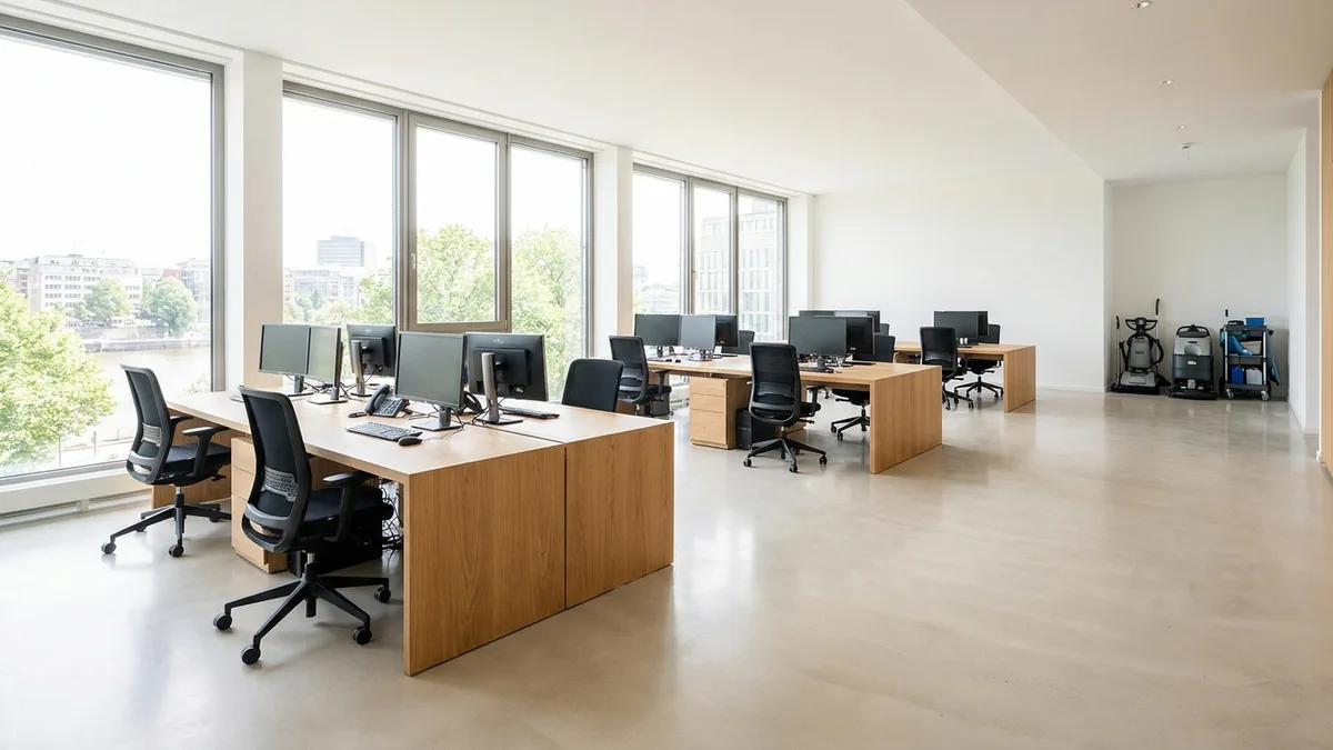 Helles, sauberes Büro mit glänzenden Böden nach einer professionellen Büroreinigung in Hamburg.