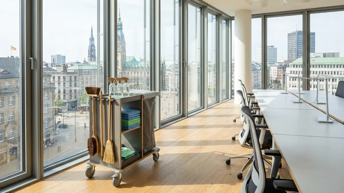 Professionelle Büroreinigung Hamburg in einem hellen und modernen Gewerbeobjekt.