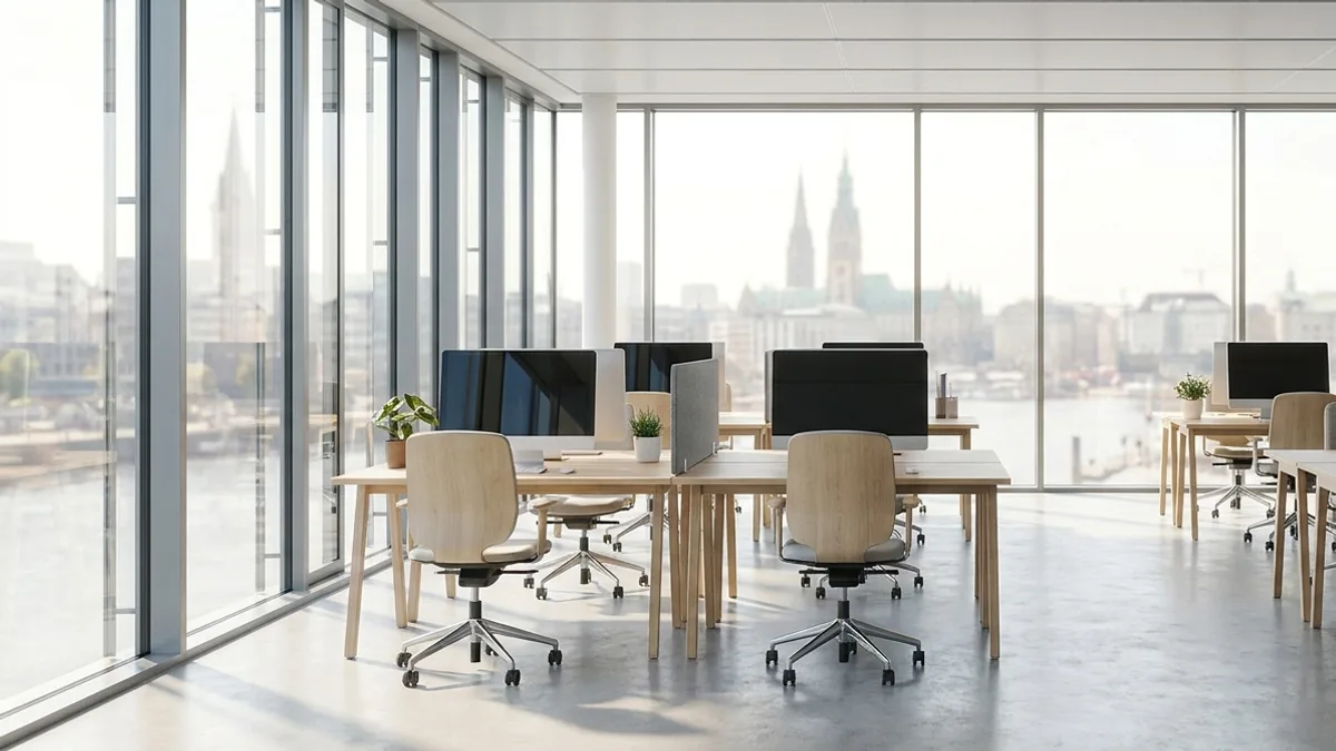 Lichtdurchfluteter, sauberer Büroraum – Qualität und Frische durch professionelle Büroreinigung in Hamburg.
