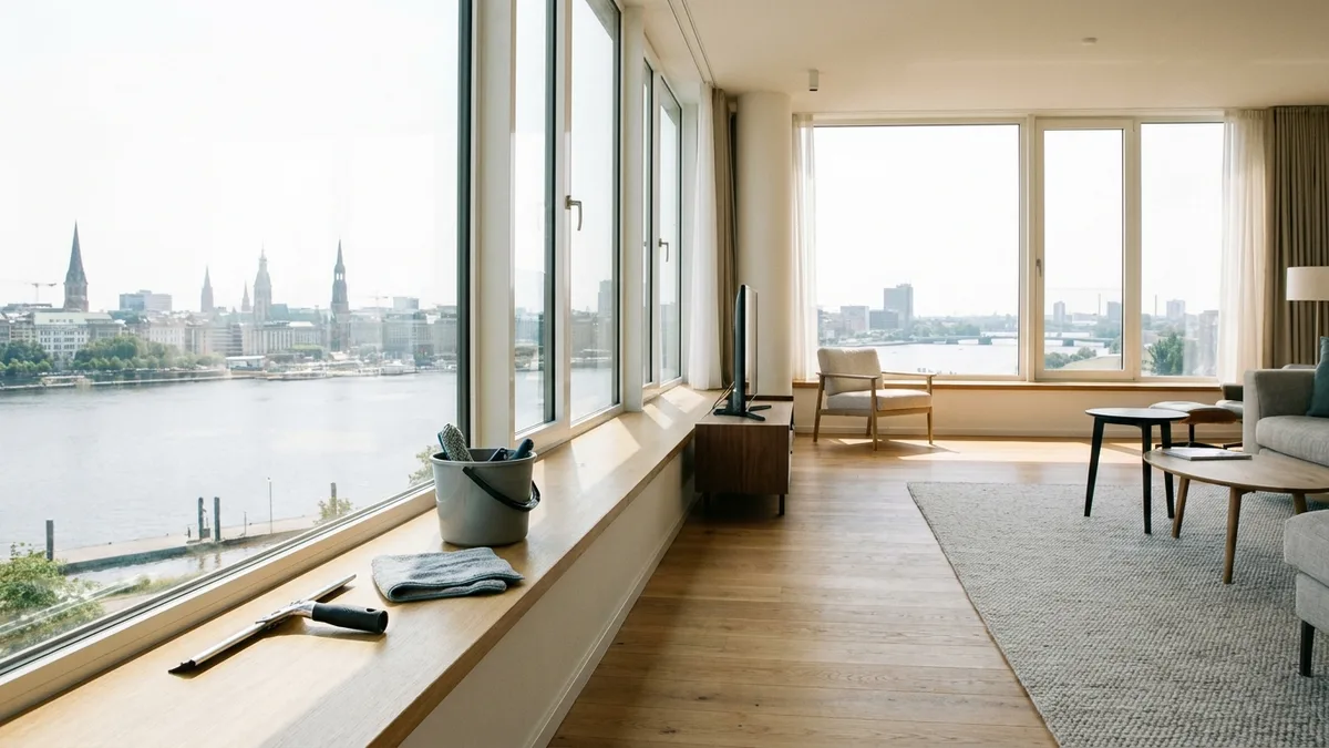 Professionelle Fensterreinigung Hamburg für streifenfrei saubere Scheiben mit Blick auf die Stadt.