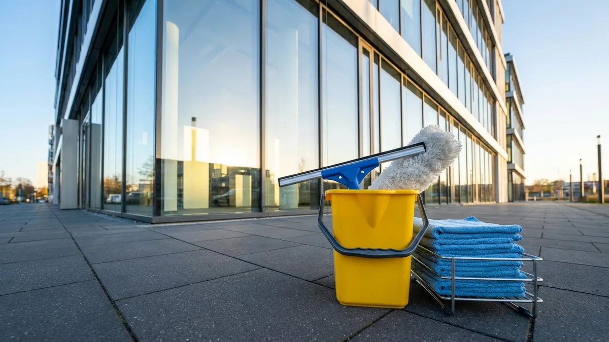 Professionelle Fensterreinigung Hamburg mit sauberen Arbeitsgeräten vor glänzend gepflegter Glasfront.