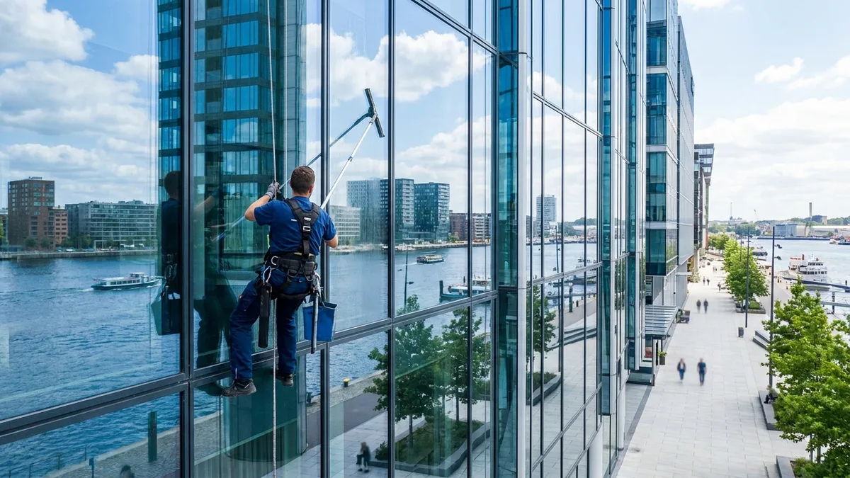 Professionelle Fensterreinigung Hamburg an einer modernen Glasfassade bei hellem Tageslicht