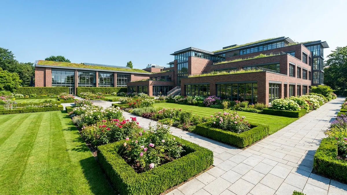 Professionelle Gartenpflege in Hamburg für gepflegte Außenanlagen mit grünem Rasen und geschnittenen Hecken.