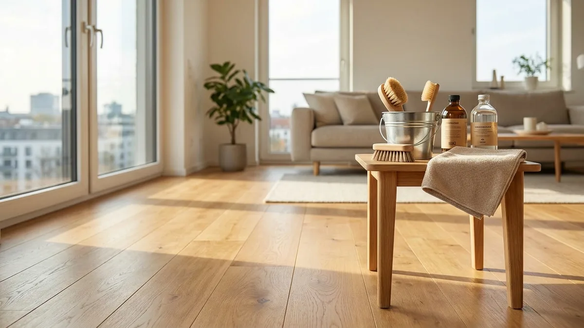 Professionelle Haushaltsreinigung Hamburg in einer hellen, sauber gepflegten Wohnung mit Holzboden.