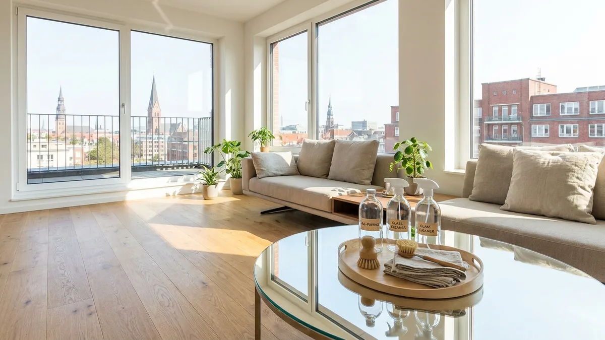 Blitzsauberes, lichtdurchflutetes Wohnzimmer als Beispiel für gründliche Haushaltsreinigung in Hamburg.