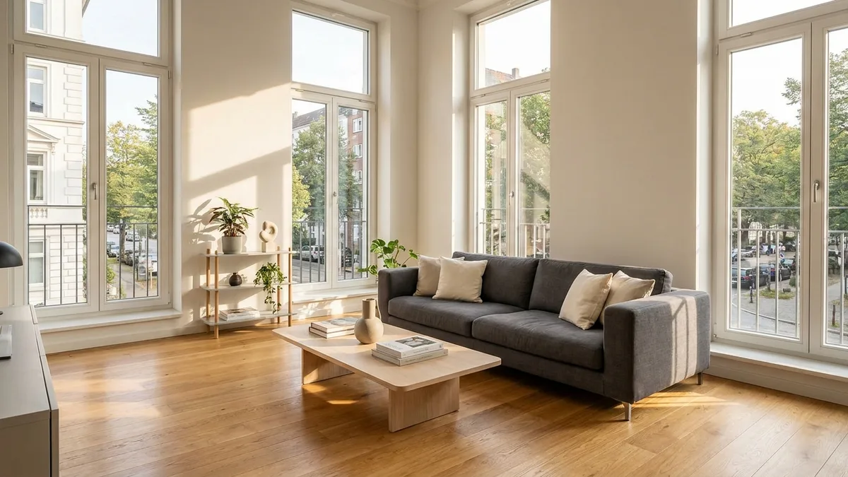 Strahlend sauberes Wohnzimmer einer Altbauwohnung nach der professionellen Haushaltsreinigung in Hamburg.