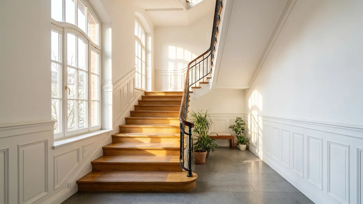 Helles, sauber gepflegtes Treppenhaus nach einer professionellen Treppenhausreinigung in Hamburg.