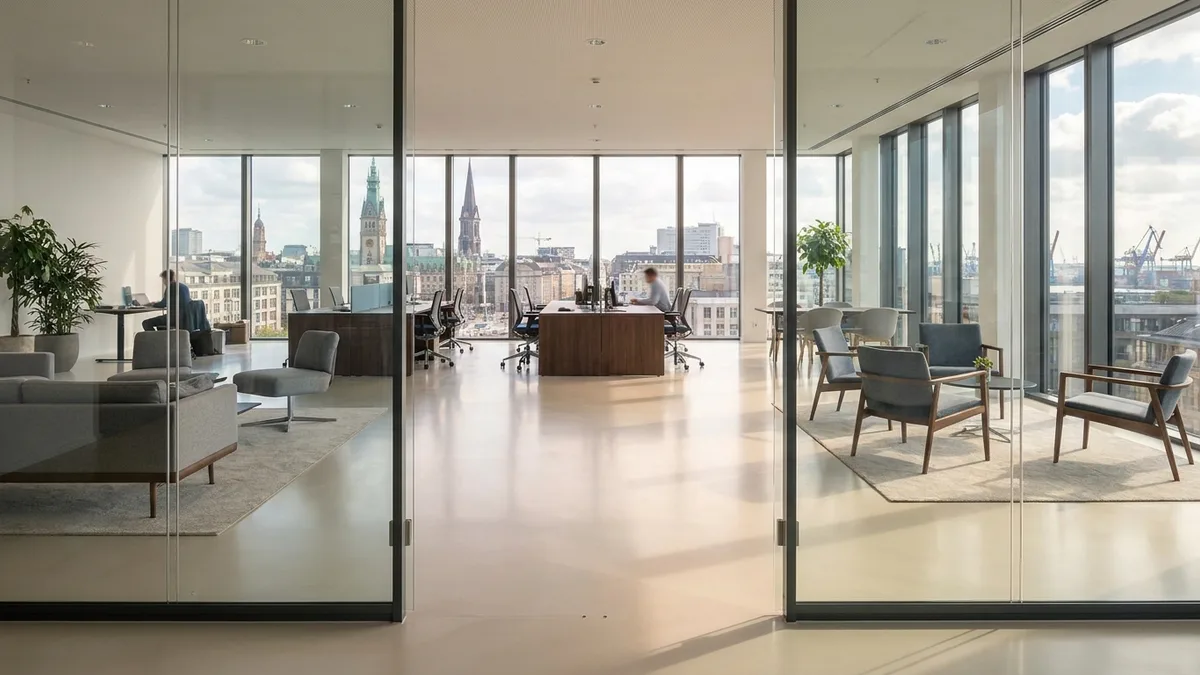 Helles, sauber gepflegtes Büro mit glänzendem Boden durch professionelle Unterhaltsreinigung in Hamburg.