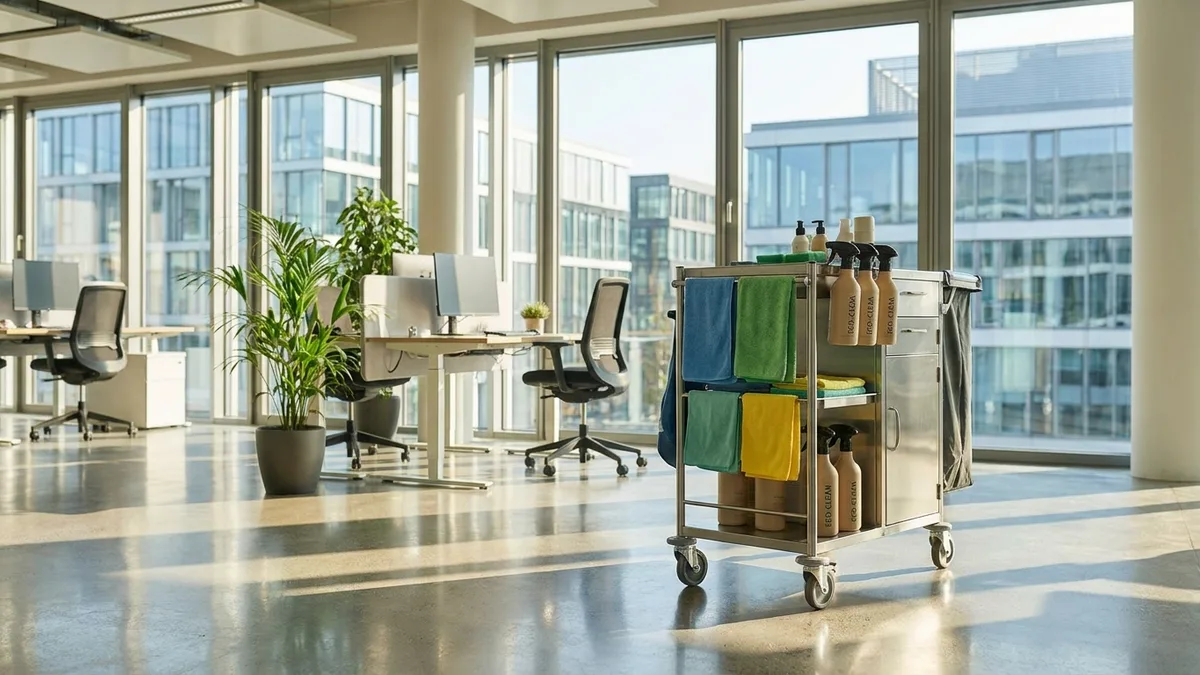 Lichtdurchflutetes, modernes Bürogebäude als Beispiel für professionelle Unterhaltsreinigung in Hamburg.