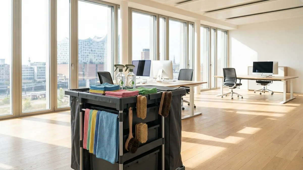 Professionelle Unterhaltsreinigung Hamburg in einem hellen, modernen Bürogebäude