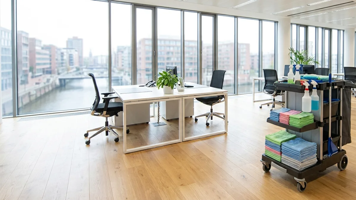 Professionelle Unterhaltsreinigung Hamburg in einem hellen, modernen Büro mit sauber gepflegtem Boden.
